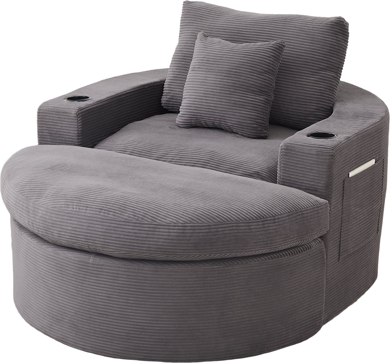 REDOM Ronde chaise longue 156x136 cm - Met verstelbare voetenbank, bekerhouders en zijvakken - Grijs