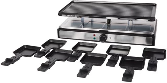 Zwarte raclette grill met geribbelde bakplaat en acht bijbehorende pannetjes.