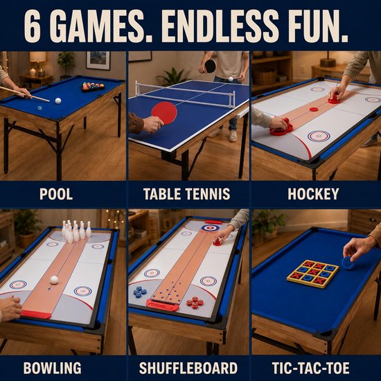 Multigame Tafel 6-in-1 – Opvouwbare Pooltafel met Biljart, Airhockey, Tafeltennis, Bowling en Shuffleboard – 120 cm — afbeelding 2
