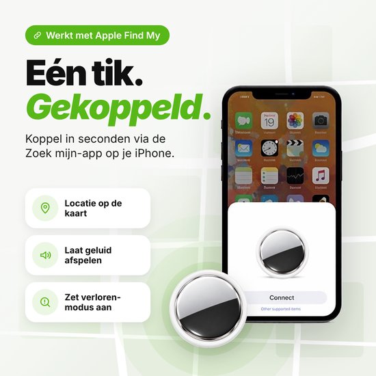 Infographic toont de koppeling van de Guardyan-tracker met een iPhone via de Zoek mijn-app.