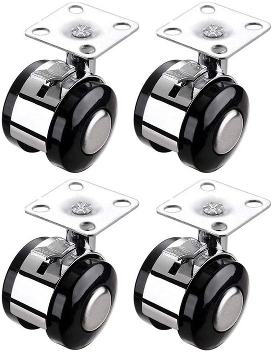 Set van 4 Zwenkwielen met Rem – 1,5 Inch – 360° Draaibaar – Nylon – Inclusief Schroeven – Zwart/Zilver – Meubelwielen