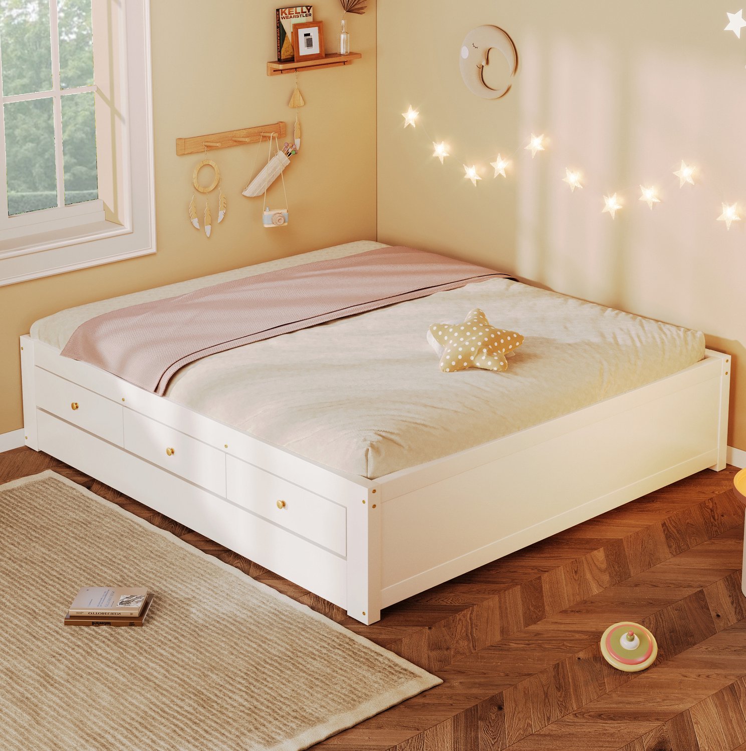 HAUSS SPOLE Houten Bed 140x200 cm - Bed met Drie Laden en Uitschuifbaar Logeerbed - Lattenbodem voor Slaapkamer - Zonder Matras - MDF en Hout - Wit