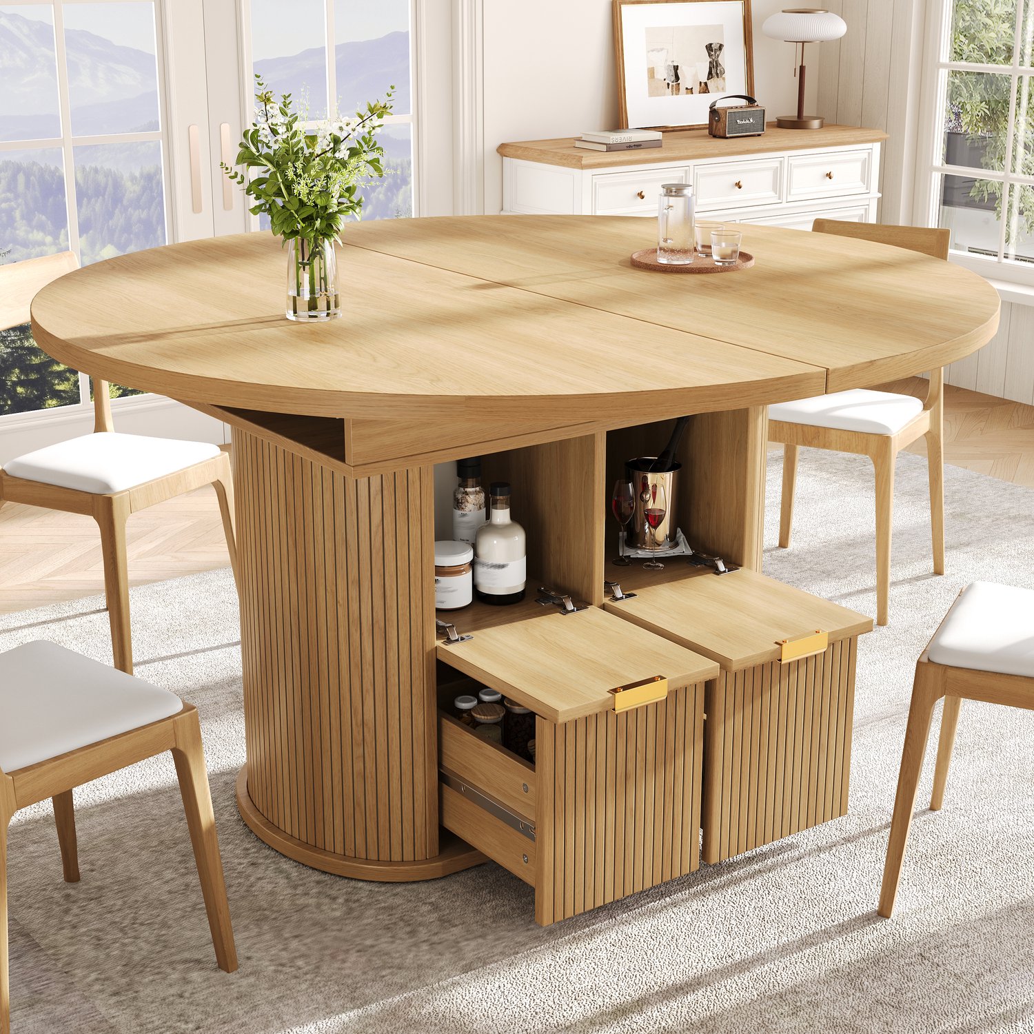 OKWISH Uitschuifbare Eettafel - Ovaal Met 2 Lades En Opbergruimte - Voor 4 Tot 6 Personen - MDF En Metaal Licht Eiken - 118/158 x 118 x 76,8 cm