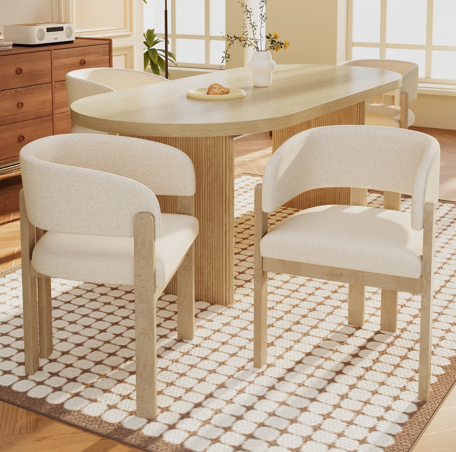 HAUSS SPOLE Eetkamerstoelen - Set van 6 - Met Armleuningen en Gebogen Rugleuning - Voor Eetkamer en Woonkamer - Hout en Bouclé - Naturel Naturel / lichtbeige