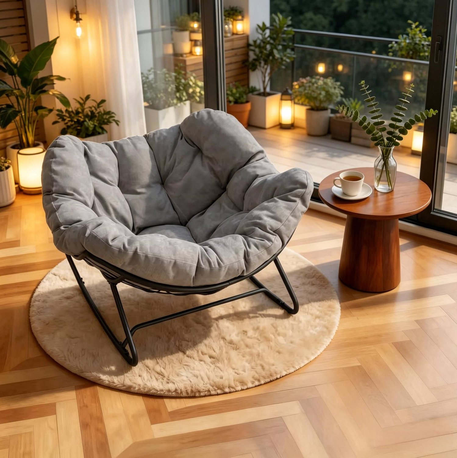 MEUNIQ Schommelstoel met armleuningen, chenille bekleding en metalen frame - 91 x 102,5 x 77 cm - lichtgrijze fauteuil voor woonkamer en slaapkamer Lichtgrijs