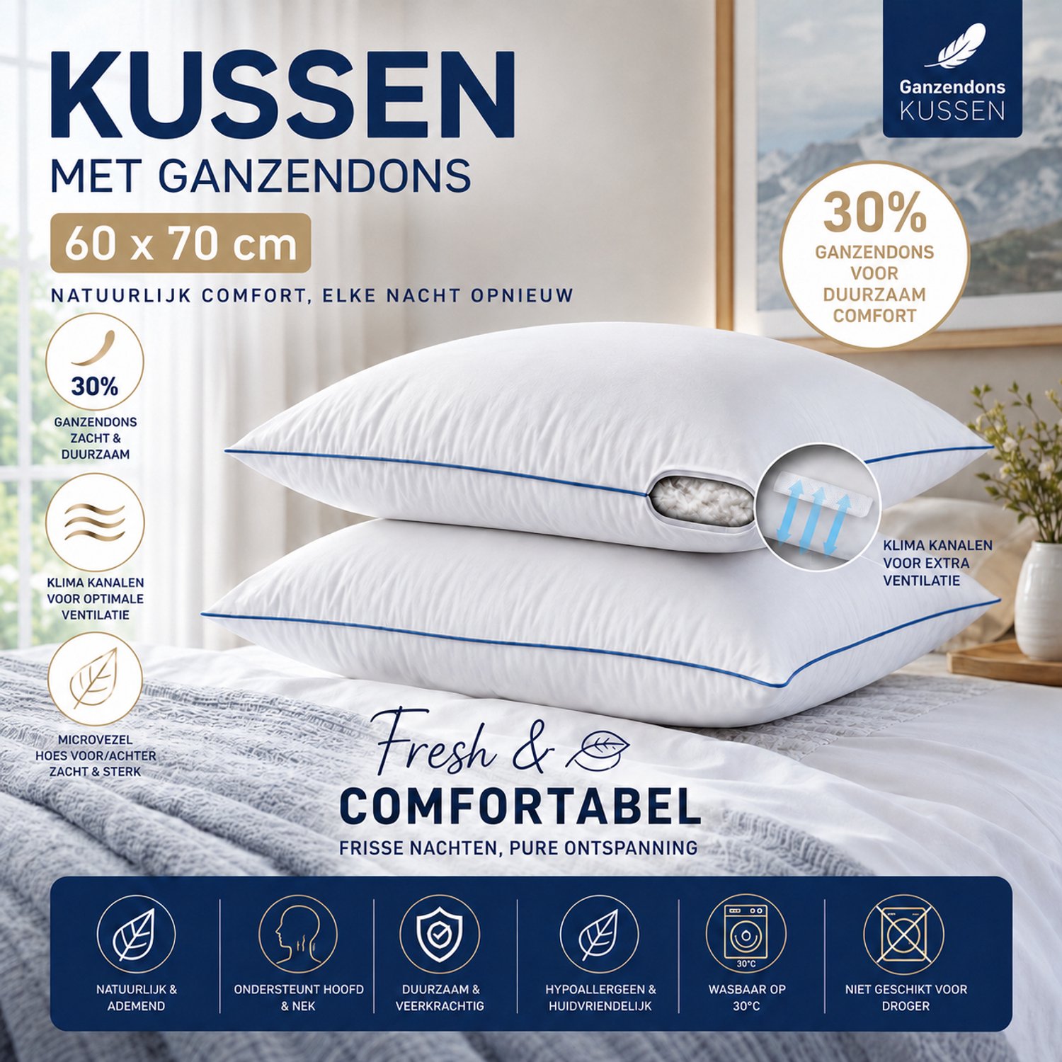 FABRIC BOX Ganzendons Hoofdkussen 60x70 cm - 1000 gr - 30% Ganzendons - Zacht & Ademend Wit 3