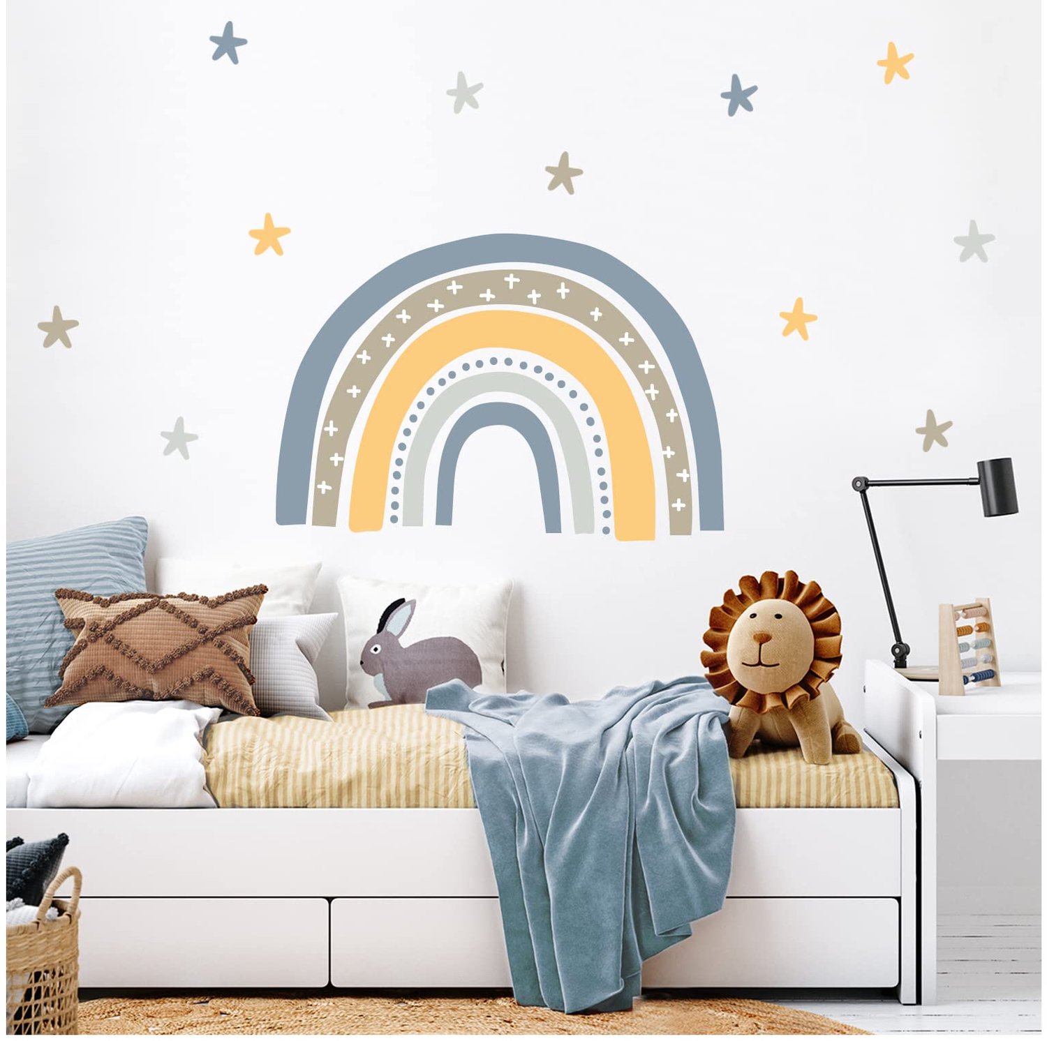Wandsticker met regenboog en sterren - Blauw - M