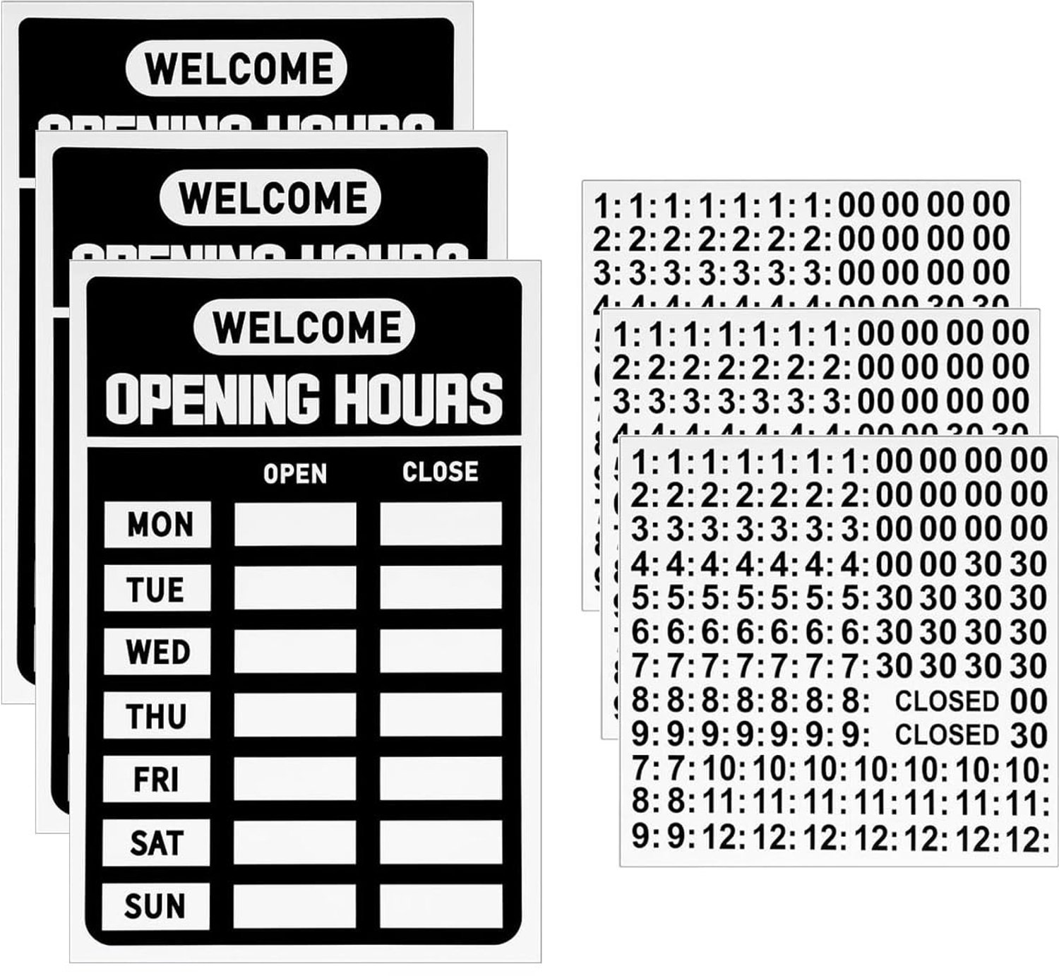 Openingstijdenborden Set van 3 - Zwart - Tijdstickers - Voor winkel/kantoor - Aandacht trekkend - 295x195mm - Openingstijdenbord