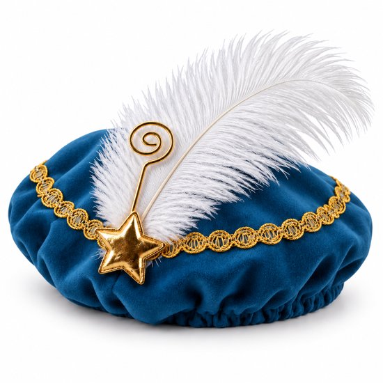 Blauwe fluwelen pietenmuts met goudkleurige rand, ster-embleem en witte veer.