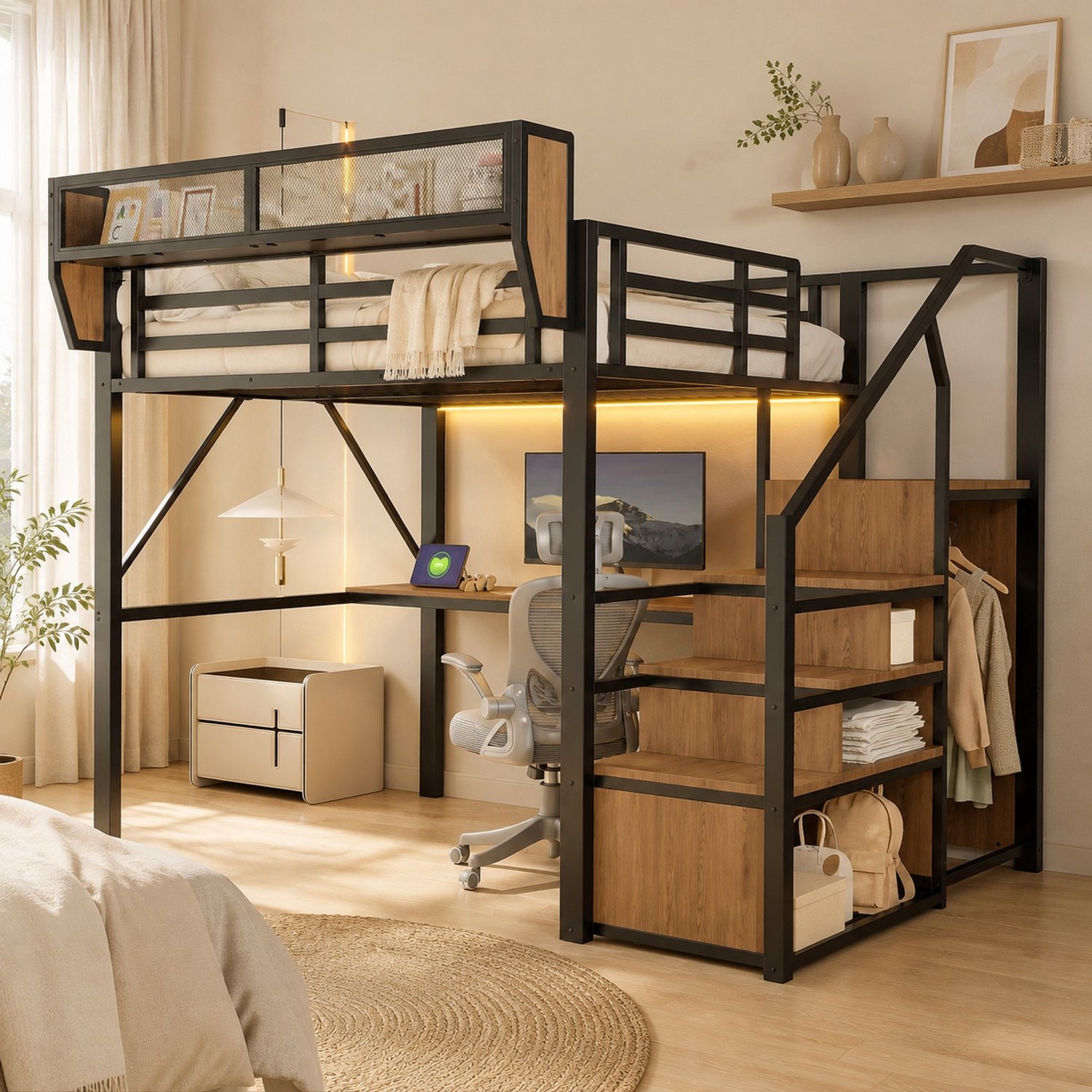 MEUNIQ metalen hoogslaper 140 x 200 cm met bureau, verstelbare opbergplanken, ladder, stopcontact en ledverlichting voor slaapkamer of kinderkamer, zwart Zwart met houtkleurige panelen