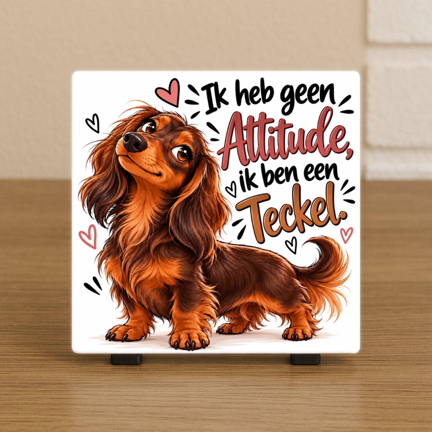 CreaCraft Wenstegeltje "Ik heb geen attitude, ik ben een teckel." - Tegeltjes met tekst - Teckel langharig - Hond - Spreuktegel - Cadeau - Incl standaard - CreaCraft - Brievenbus cadeau Ik heb geen attitude, ik ben een teckel. Langharig