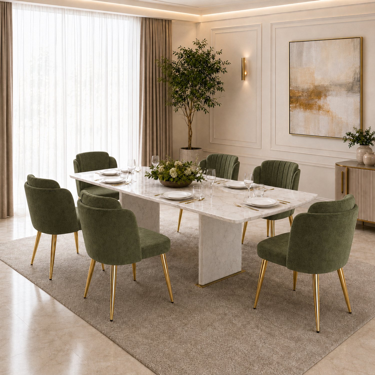 HAUSS SPOLE Eetkamerstoelen - Set van 6 - Gebogen Rugleuning en Verstelbare Voetdoppen - Voor Eetkamer en Keuken - Stof en Metaal - Groen