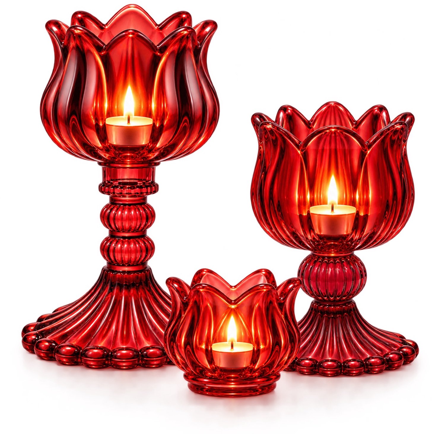 Winq Set Kandelaren Op Voet - 3 Glazen Waxinelichthouders - Rood Bordeaux - 7x7 7x14 7x20,5 Cm - Bloemvormige Rand - Binnen En Buiten Gebruik