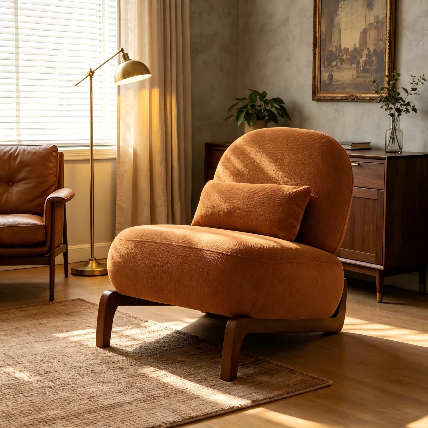 in& out door furniture Schattige accentstoel met massief houten poten, fluwelen woonkamerstoel met zachte kussens, knusse slaapkamerstoel, comfortabele armloze leesstoel voor appartement, wachtruimte, balkon- karamel+stof