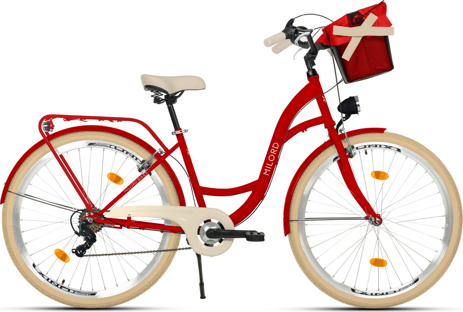 Milord damesfiets 28 inch 7 versnellingen rood frame metalen mand