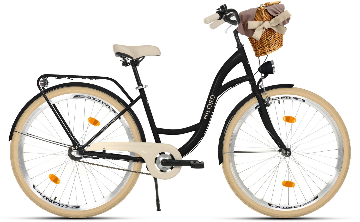 Milord damesfiets 28 inch 3 versnellingen zwart frame rieten mand