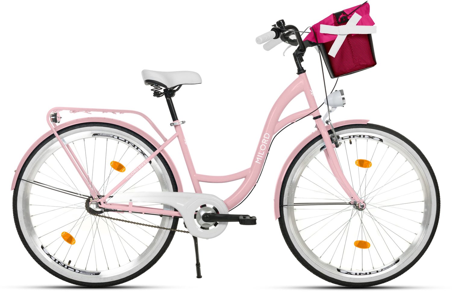 Milord damesfiets stadsfiets 28 inch met 3 versnellingen roze frame en metalen mand