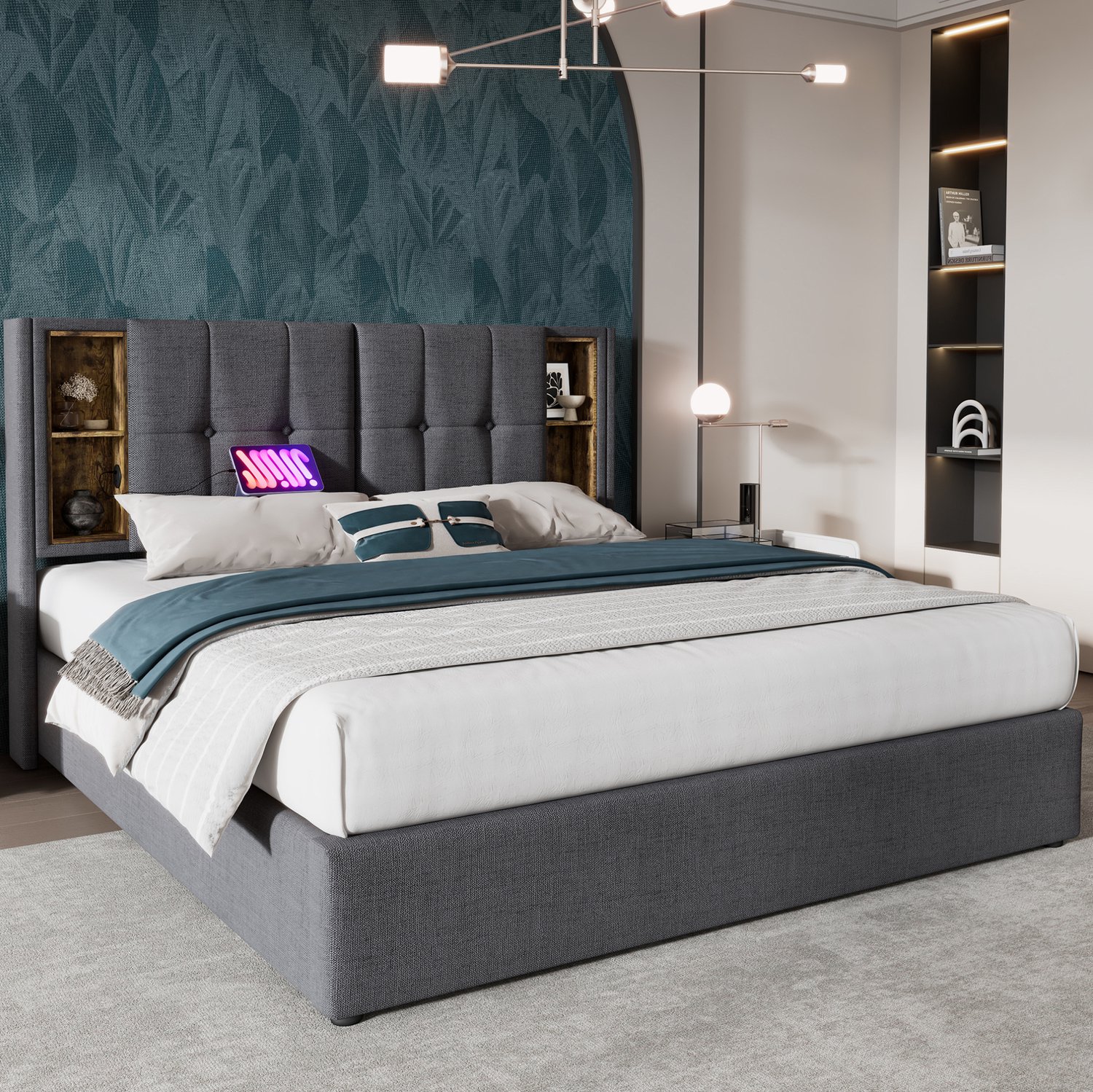 Wishdor Tweepersoonsbed 180x200 cm - Opbergruimte met gasveer - Draadloos laden en twee USB-poorten plus USB-C - Vier open vakken in hoofdbord - Houten lattenbodem - Grijs katoen