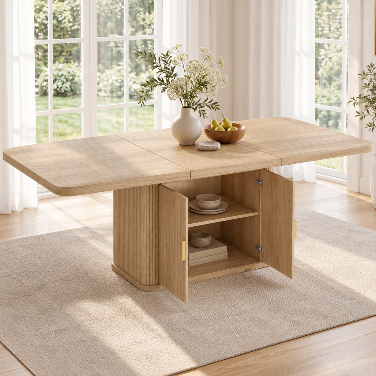 OKWISH Uitschuifbare Eettafel - Voor 6 tot 8 Personen - Met Opbergruimte - Scandinavische Stijl - MDF Eikenkleur - 150 tot 200 x 90 x 75 cm