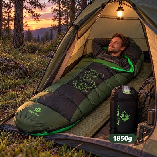 Winterslaapzak -5°C Comfort, Mummyslaapzak met Capuchon – Waterafstotende Camping Slaapzak voor Kamperen, Wandelen en Reizen – 220 x 80 x 50 cm, 1,85 kg, Groen/Zwart — afbeelding 5