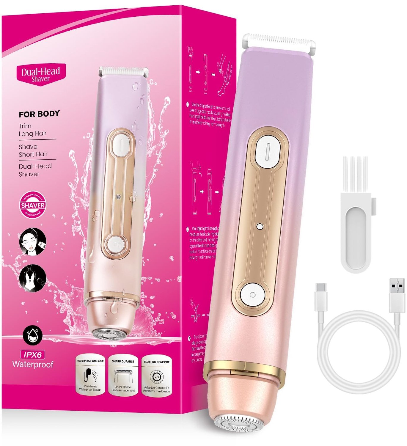 Elektrisch Intiem Scheerapparaat voor Vrouwen 2-in-1 Dual-Head USB Oplaadbaar