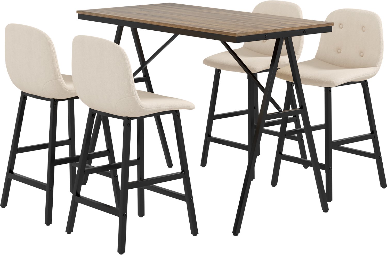 5-delige Bartafelset Beige 120x60x91cm Tafel 4 Barkrukken 49x43x91cm Katoenlook Knoopdetail Industrieel Metaal Houtlook Verstelbare Voetjes voor Keuken Eetkamer Bar Kleine Ruimte