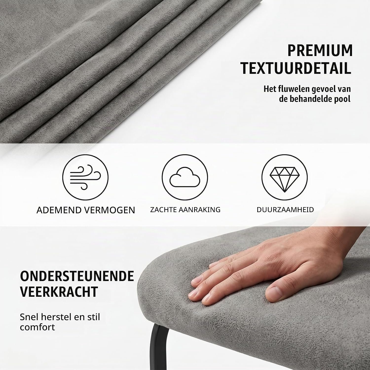 Verlengbare Eettafel met 8 Grijze Gestoffeerde Eetkamerstoelen, MDF Betonlook Tafelblad, Zwart Metalen Spinpoot, Moderne Rechthoekige Eetkamerset