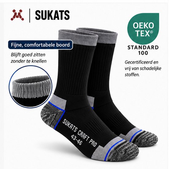 Paar zwarte werksokken met grijze boord en Oeko-Tex certificering voor veiligheid en comfort.