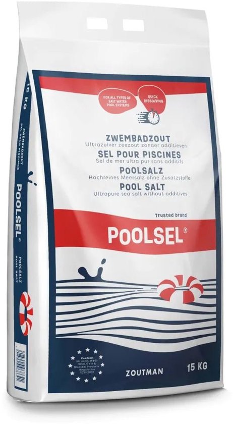 Zak van 15 kg Poolsel zwembadzout, wit met blauwe en rode accenten en een zwemband-illustratie.