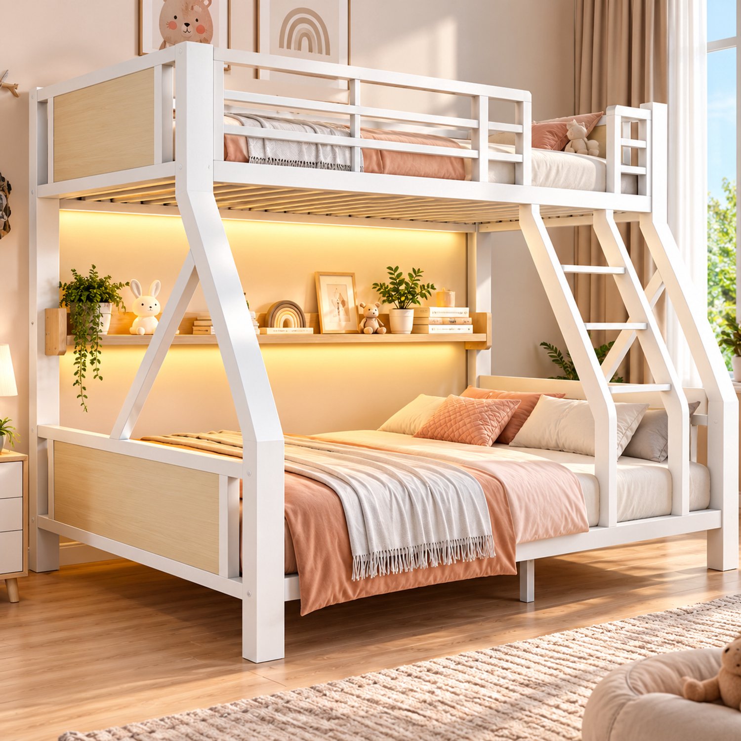 Parasha Nova bed - 90x200cm & 140x200cm metalen stapelbed, enkel bed boven, dubbel bed onder, frame van ijzer en hout met opbergvak, ruimtebesparende meubels voor kinderkamers en jeugdkamers, stapelbedframe voor de slaapkamer. Wit
