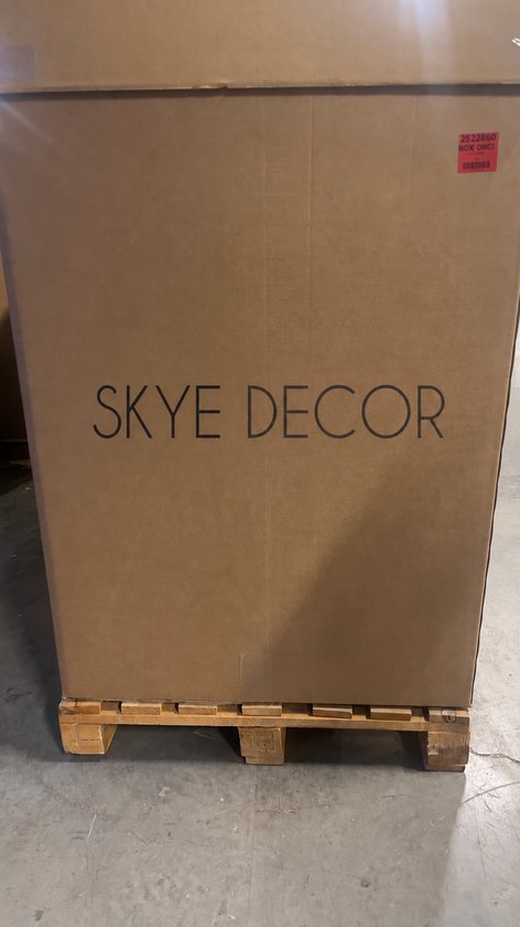 Grote kartonnen doos op een houten pallet met de zwarte tekst SKYE DECOR en een rood verzendlabel rechtsboven.