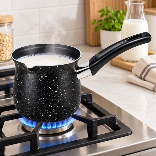 Zwarte melkpan met wit gespikkeld patroon, gevuld met warme melk op een brandend gasfornuis.