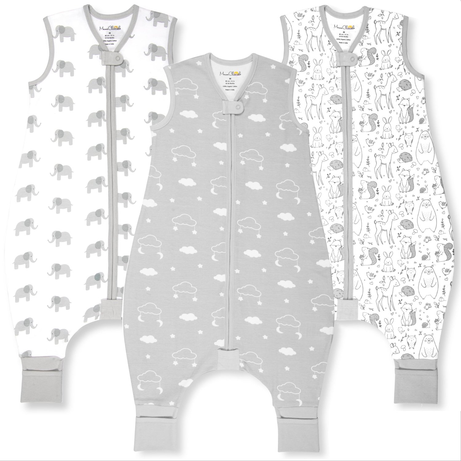 Baby Slaapzak met Voeten - 3-Pack Dieren/Clouds/Olifanten