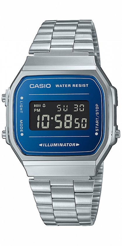 Casio vintage horloge met zilverkleurige stalen band en rechthoekige blauwe wijzerplaat met digitaal display.