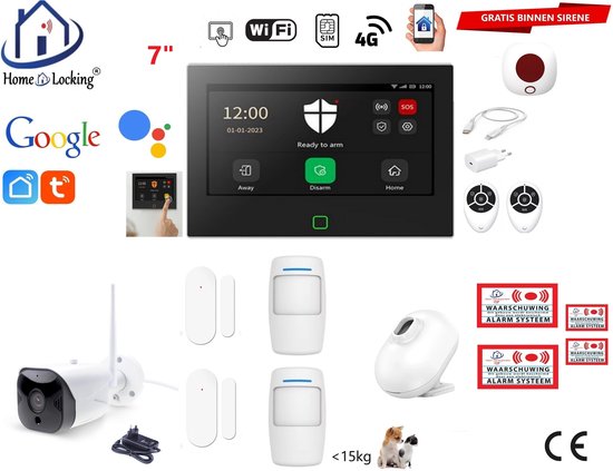 Home-Locking alarmsysteem met 7-inch touchscreen, wifi, 4G, camera, bewegingssensoren, afstandsbedieningen en waarschuwingsstickers.