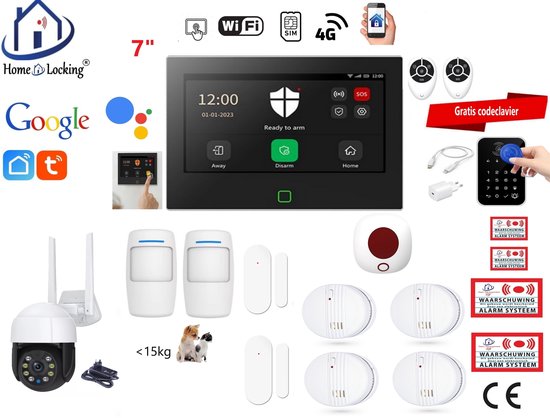 Home-Locking alarmsysteem met 7-inch touchscreen, camera, sensoren, afstandsbedieningen en waarschuwingsstickers.