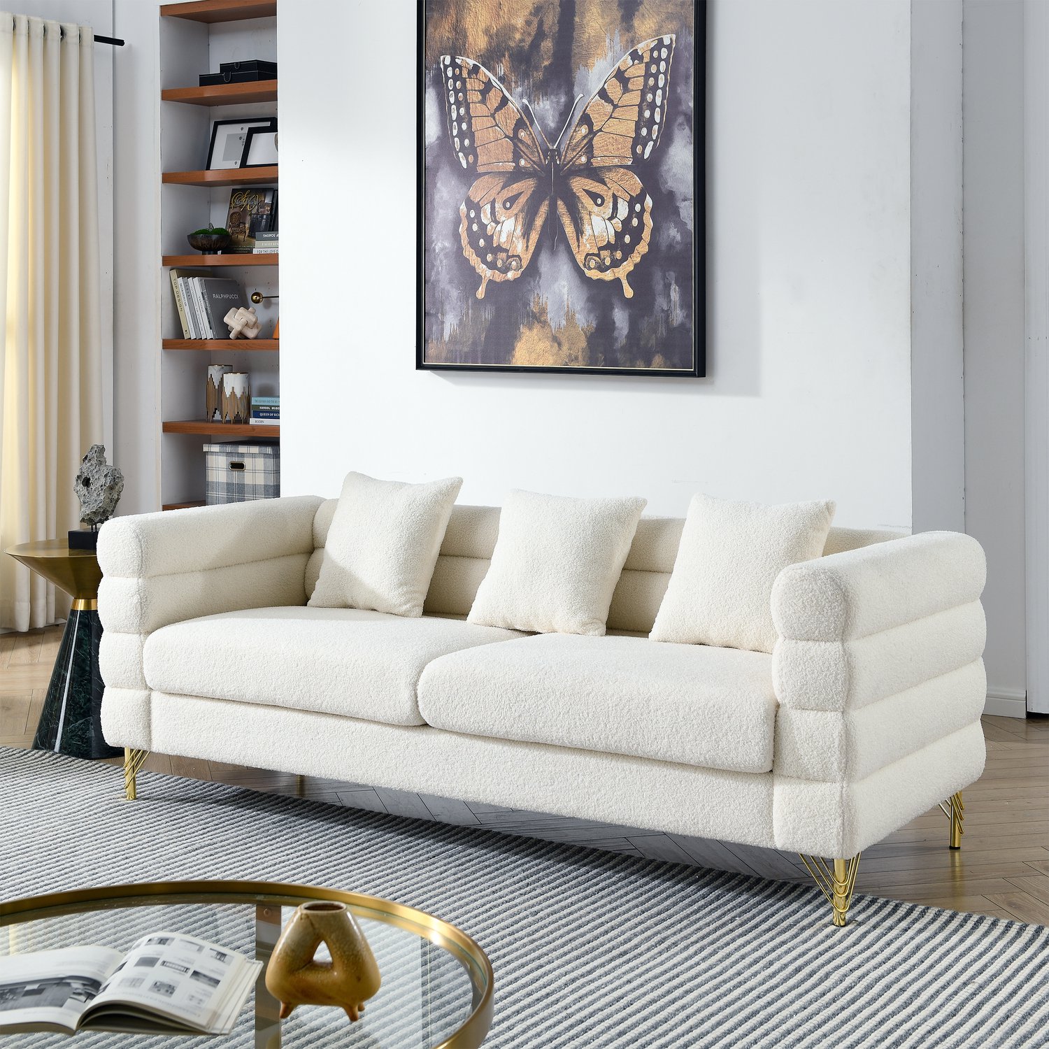 REDOM Bank met wolkvormige rug- en armleuningen - Teddy bekleding en gouden metalen poten - Wit