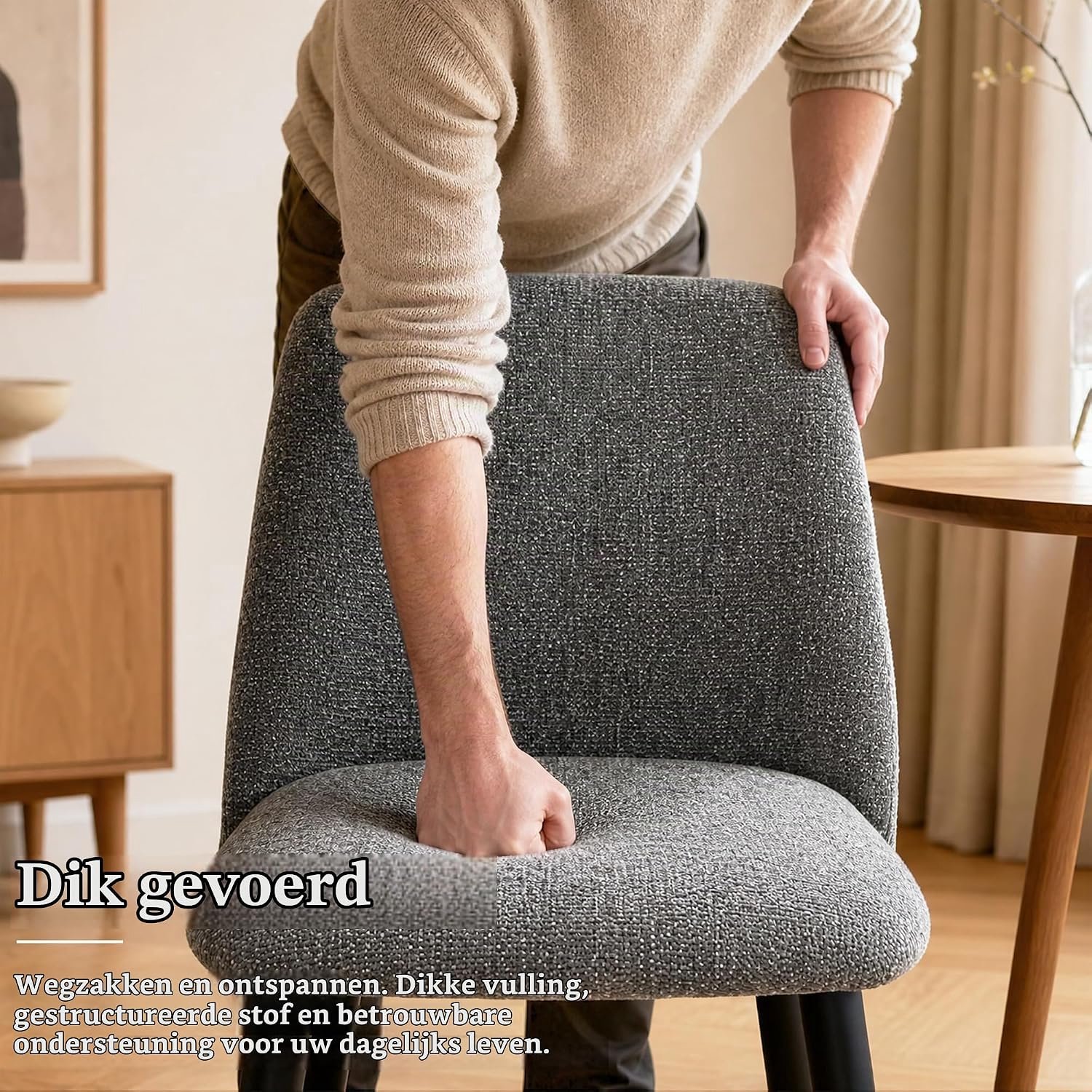 Set van 6 Eetkamerstoelen Chenille Leigrijs – Ergonomische Gestoffeerde Keukenstoelen met Massief Houten Poten, Comfortabele Zitting, Rugleuning en Vloerbeschermers, Draagvermogen 150 kg, 54 x 45 x 83 cm