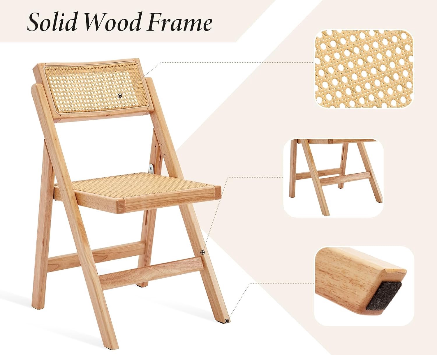 Opvouwbare Rotan Eetkamerstoelen Set van 2 – Gele Mid-Century Keukenstoelen met Massief Houten Frame, Gevlochten Rugleuning en Zitting, Ruimtebesparend en Veelzijdig voor Eetkamer, Woonkamer en Balkon, 46 x 46 x 83 cm