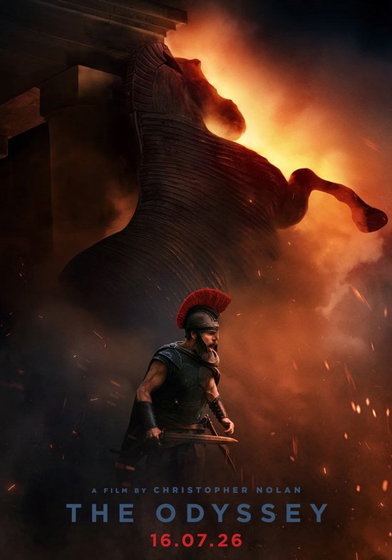 Krijger onder een gigantisch paard, filmposter voor The Odyssey van Christopher Nolan met datum 16.07.26.