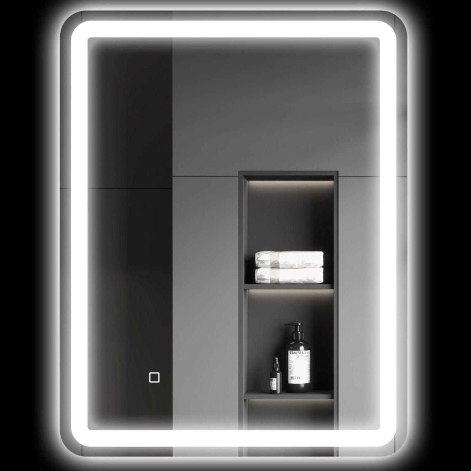 MEUNIQ Badkamerspiegel 70 x 90 cm - verlichte wandspiegel met zilverkleurige lijst, aanraakbediening, 3 lichtkleuren, dimbaar en anticondensfunctie