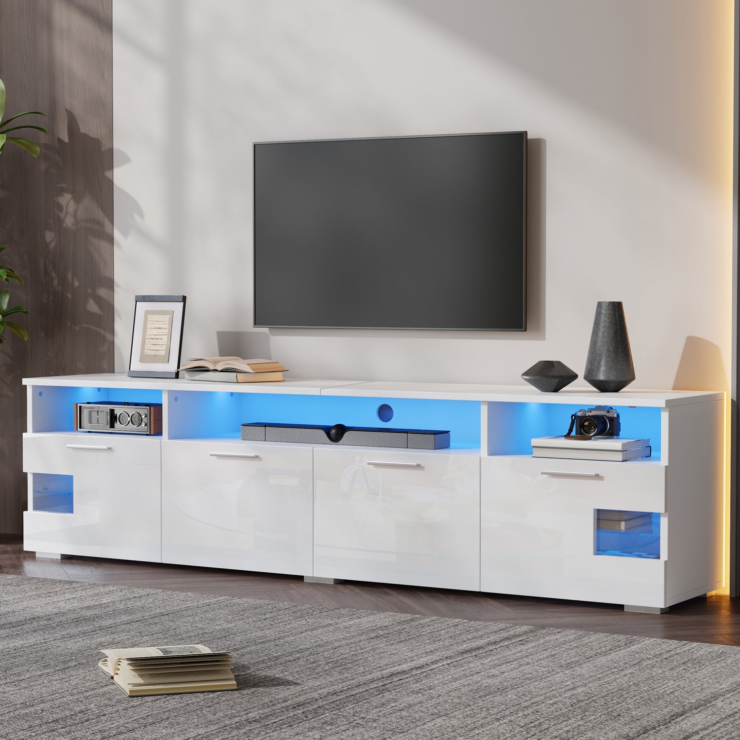 STILVORA Tv-Meubel - Ledverlichting Met Appbediening - Vier Deuren En Open Vakken Voor Woonkamer - Mdf En Spaanplaat - 180x35x45 Cm - Wit