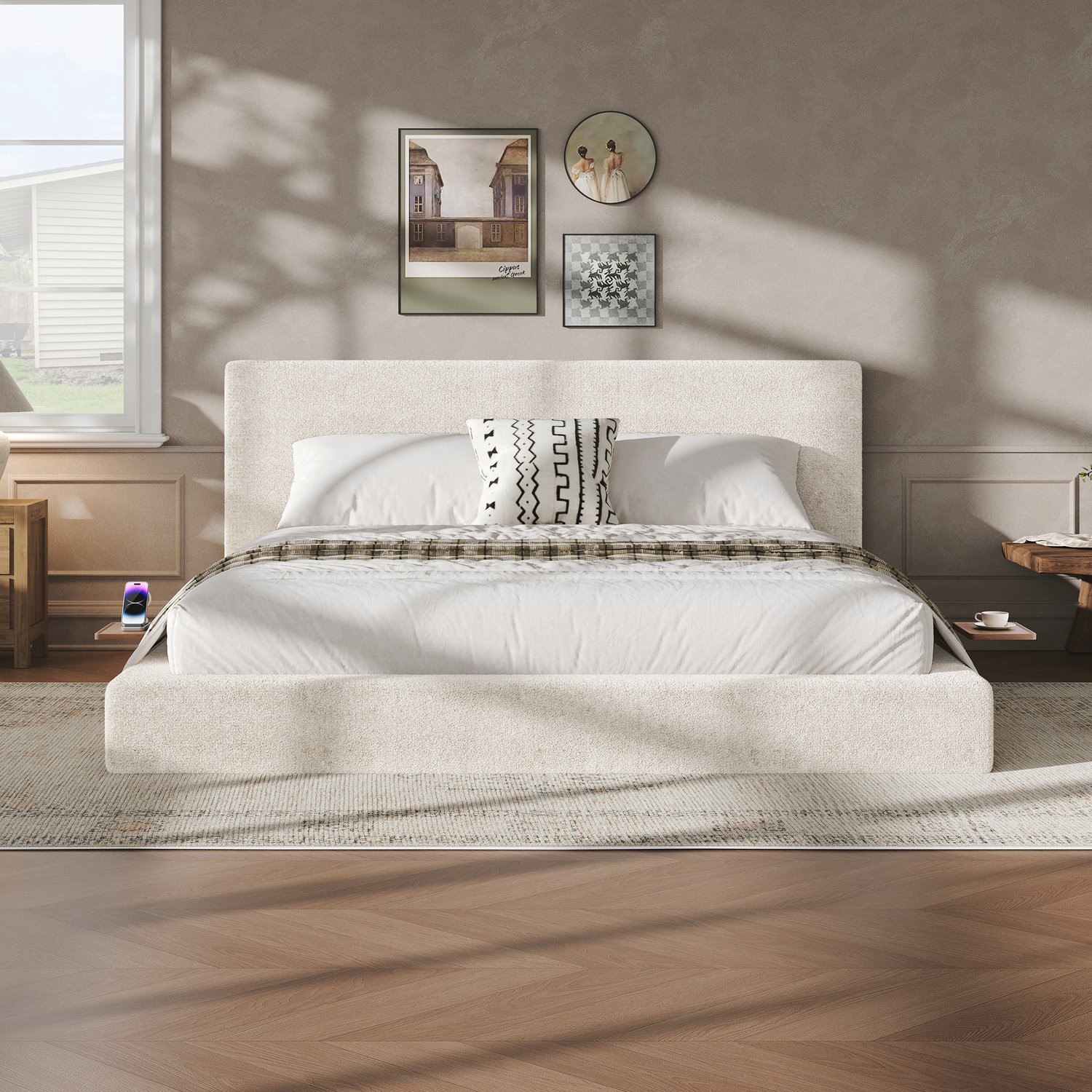 Wishdor Tweepersoonsbed 180x200 cm - Gestoffeerd bedframe met zachte randen - Verschuifbare houten legplanken aan het hoofdeinde - Metalen lattenbodem - Crèmewit
