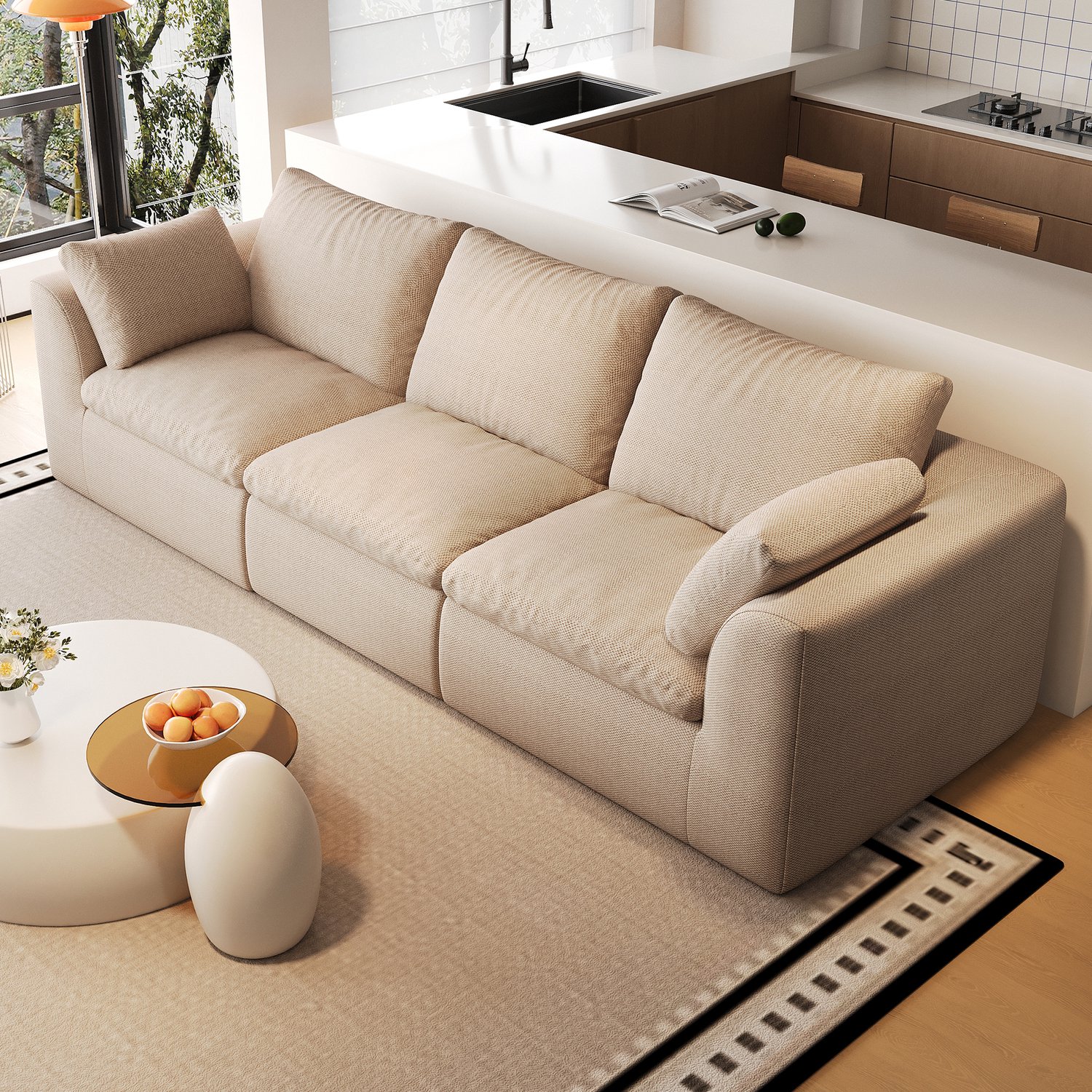 Wishdor 3-zitsbank - Zachte zitbank met hoogelastische schuimvulling - Linnen bekleding - Compressieverpakt voor vervoer - Voor de woonkamer - Khaki - 245 x 90 x 83 cm