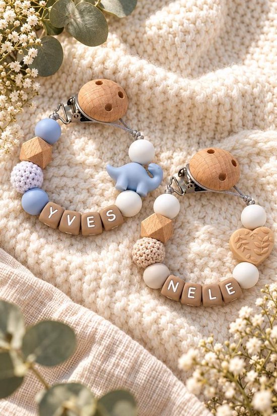 Gepersonaliseerd speenkoord met naam - dino blauw en beige - kraamcadeau & geboortecadeau - baby - speenketting van Merkloos — afbeelding 4