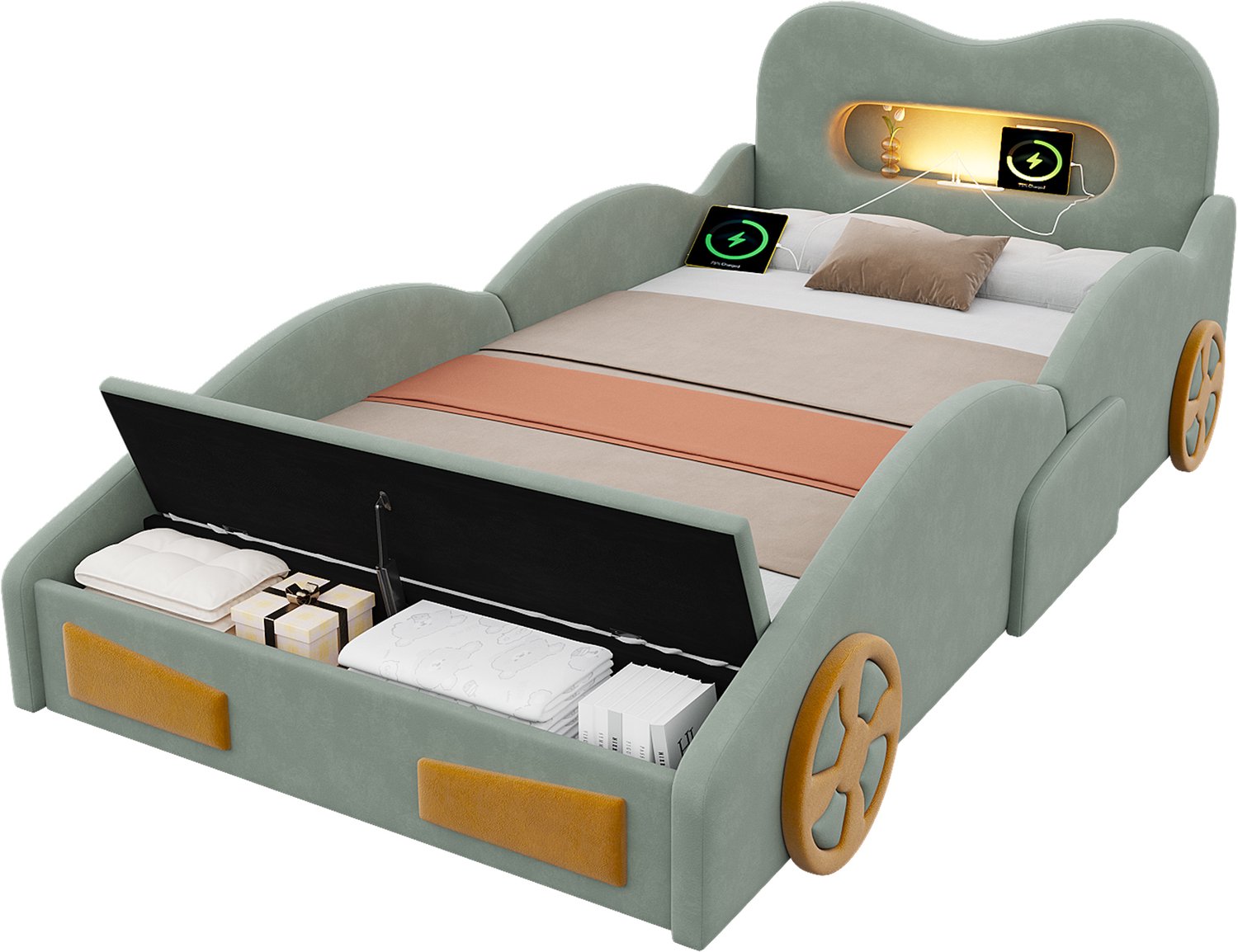 REDOM Kinderbed in autovorm 90x200 cm - Met leeslamp, oplaadaansluiting en opbergruimte - Groen