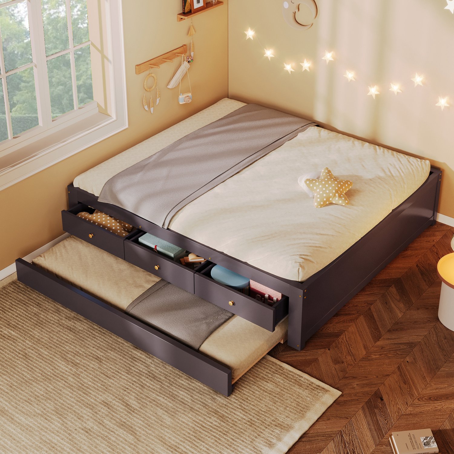 HAUSS SPOLE Houten Bed 140x200 cm - Met 3 Opberglades en Uitschuifbaar Logeerbed - Zonder Matras - Met Lattenbodem - Hout en MDF - Koffiebruin