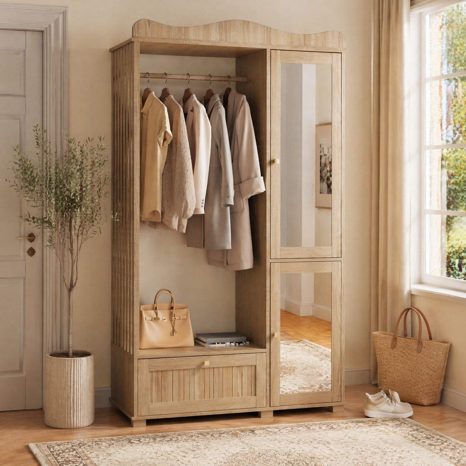 MEUNIQ kledingkast met spiegeldeur, open kledingrek, lades en gesloten opbergruimte, 115,5 x 38,5 x 194,5 cm, voor slaapkamer of hal, eiken Eikenhoutkleur