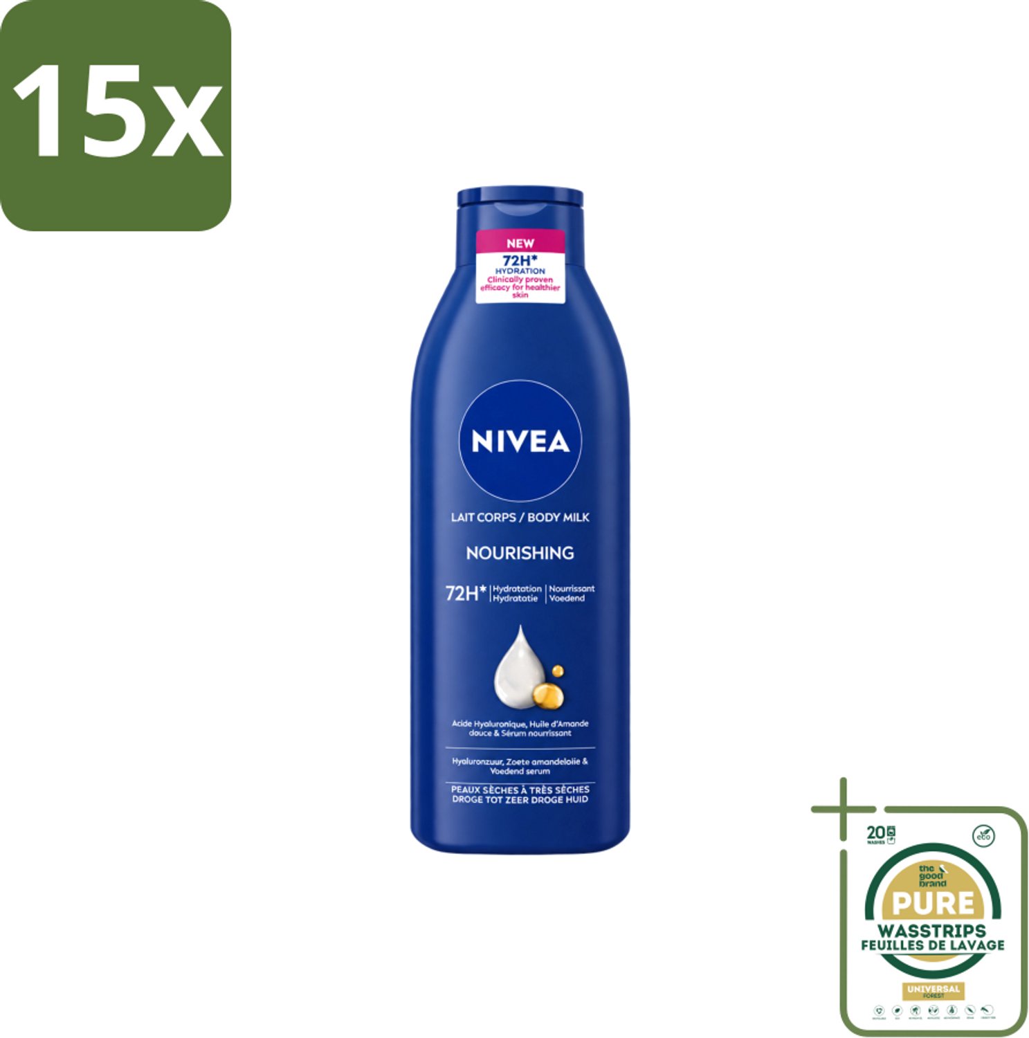 15 x Nivea – Bodymilk – Original – 500 ml - Wasstrips - Bodymilk - Hydratatie - Huidverzorging - Amandelolie - Vitamine E