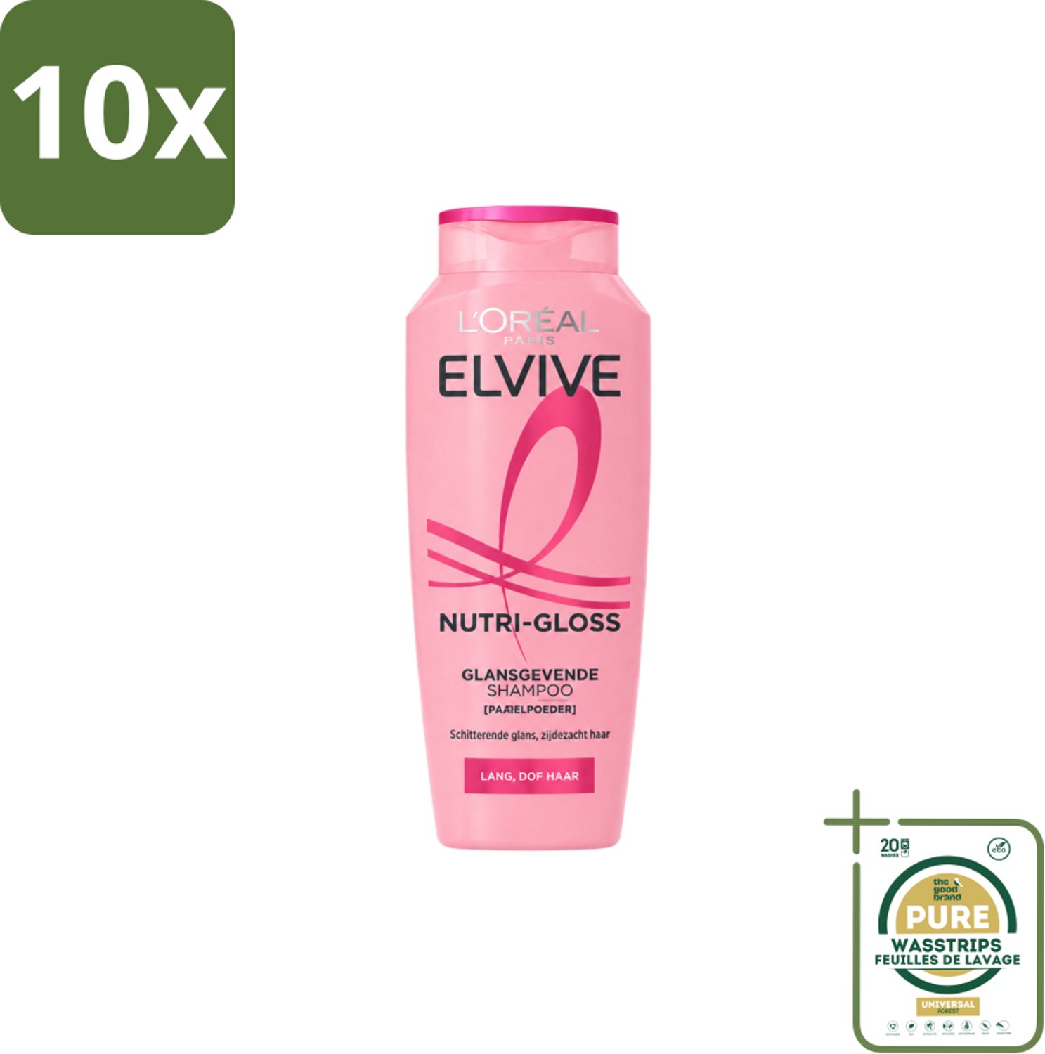 10 x L’Oréal Paris Elvive – Shampoo – Nutri Gloss – 200 ml - Wasstrips - Glans - Lang Haar - Haar Verzorging - Parelpoeder - Zijdezachte Finish